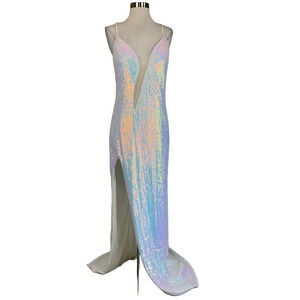 Jovani White Sequined Backless Thigh Slit Evening Gown Size 4 Long Formal Dress